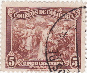 Kolumbie - známka s vyobrazením ručního sběru kávy